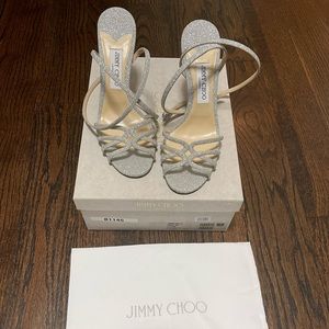 Jimmy Choo Mimi 100 Cross-strap Glitter Sandals In Ice Silver Glitter